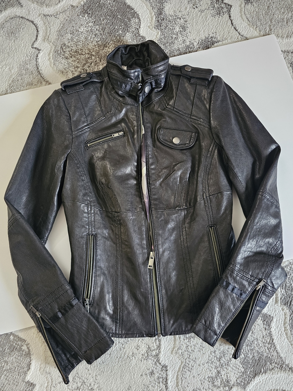Women's Black Leather Biker Jacket with Zip Pockets